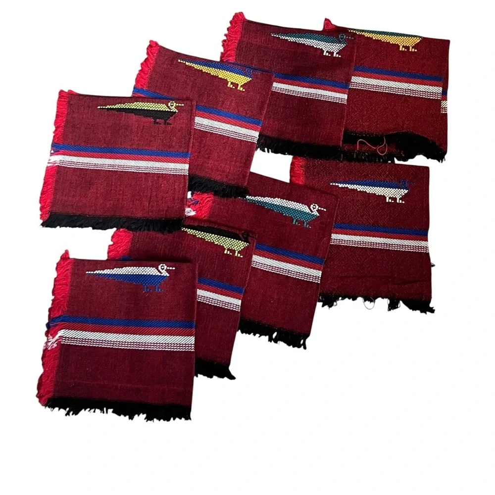 Vintage Hand Woven Mexican Bird Napkins Set Of 8 13” X 12”
